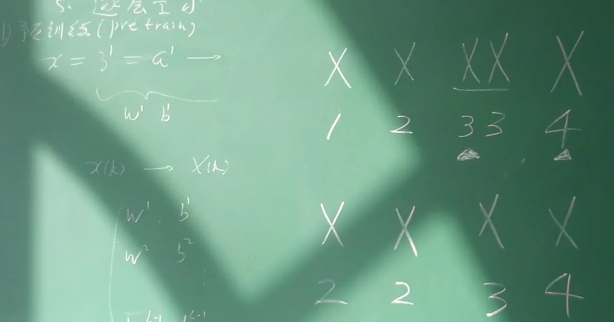 Algebra equations with symbols on a chalkboard in a brightly lit classroom.