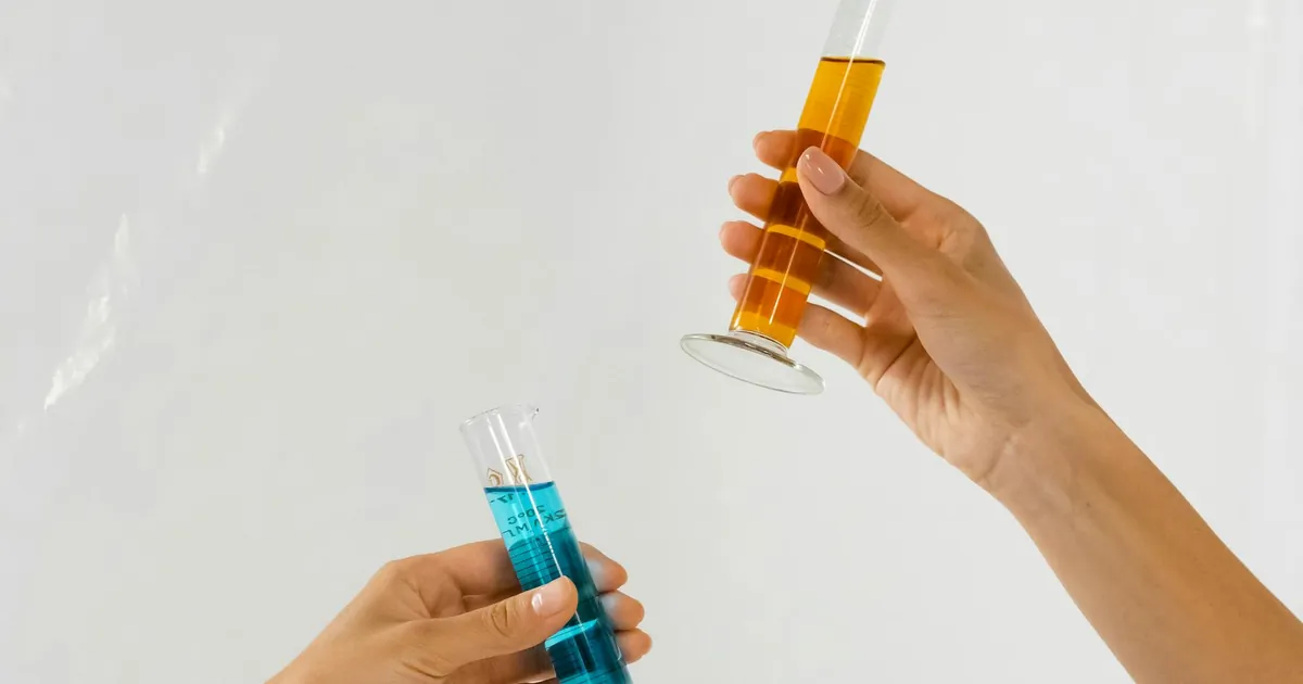 Close-up of hands holding graduated cylinders with blue and orange liquids, symbolizing scientific research.