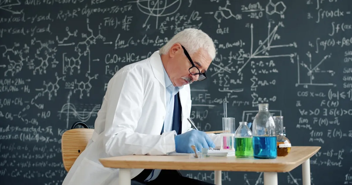 Scientist in lab coat working at desk with formulas.