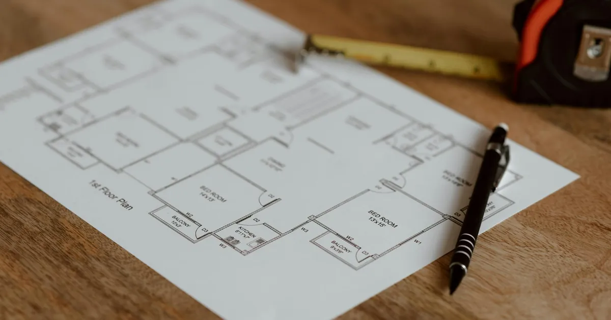 Architecture scheme of floor on paper placed on wooden surface near pen and ruler in room during renovation work in building