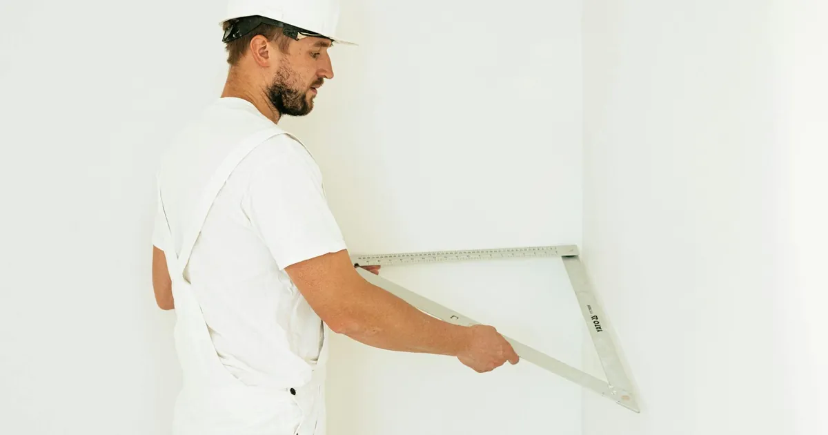 Side view of a construction worker with safety helmet measuring a wall corner indoors.